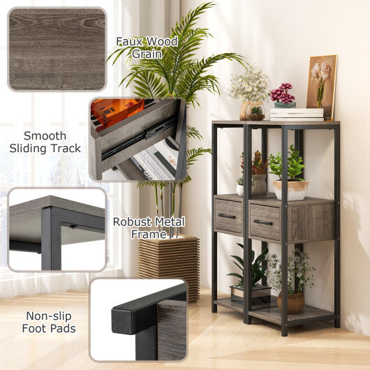 3 Tier Tall Metal Plant Stand with Drawer for Balcony Office-Gray W2B