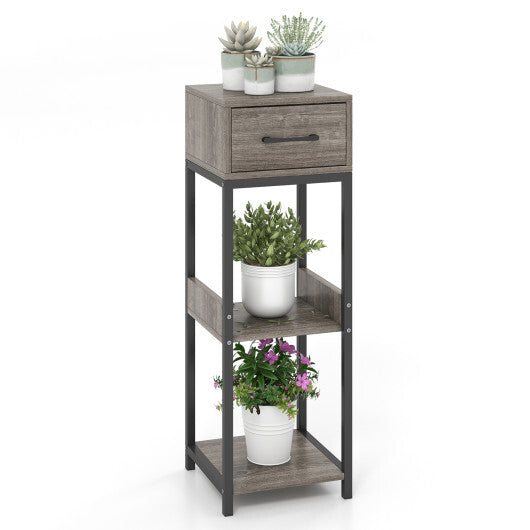 3 Tier Tall Plant Stand with Drawer Anti-tipping Devices-Gray W2B
