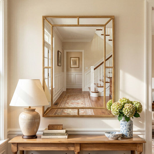 36 x 24 Inch Gold Wall Mirror with Beaded Frame for Living Room-Gold W2B