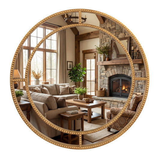 28 Inch Gold Round Wall Mirror with Beaded Frame for Living Room Entryway-Golden W2B