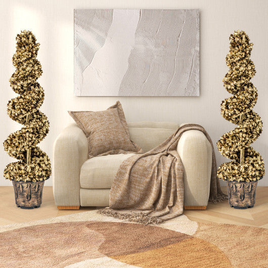 4 FT Artificial Topiary Spiral Tree Set of 2 with Vintage Plastic Nursery Pot-Gold W2B