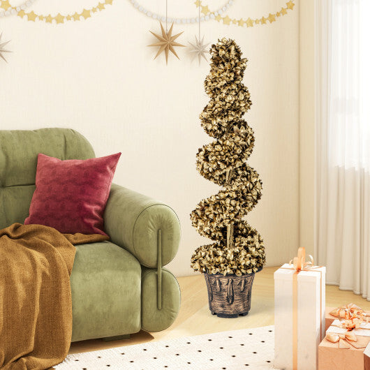 4 FT Artificial Topiary Spiral Tree Set of 2 with Vintage Plastic Nursery Pot-Gold W2B