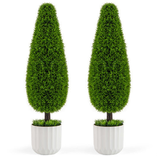 2 Pack 3 Feet Artificial Cedar Teardrop Shaped Bush with Plastic Nursery Pot-Green