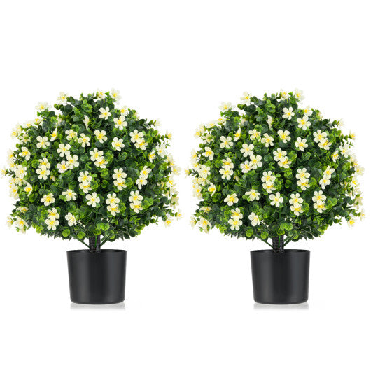 2 Pack Artificial Boxwood Topiary Ball Tree Faux Shrub Bushes with Flowers-White W2B