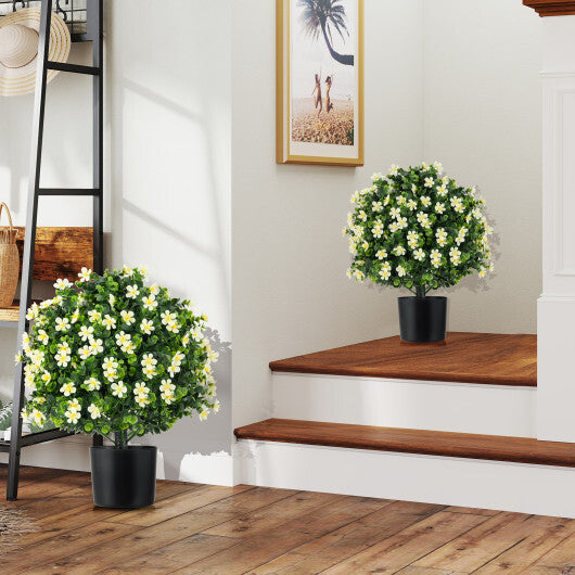 2 Pack Artificial Boxwood Topiary Ball Tree Faux Shrub Bushes with Flowers-White W2B