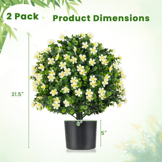 2 Pack Artificial Boxwood Topiary Ball Tree Faux Shrub Bushes with Flowers-White W2B