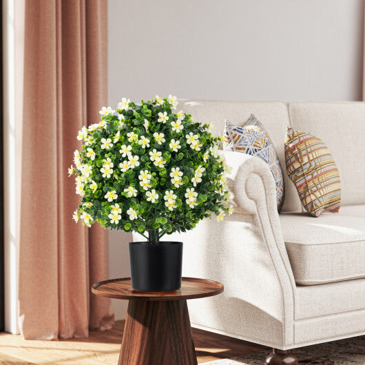 2 Pack Artificial Boxwood Topiary Ball Tree Faux Shrub Bushes with Flowers-White W2B
