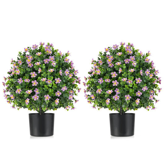 2 Pack Artificial Boxwood Topiary Ball Tree Faux Shrub Bushes with Flowers-White W2B