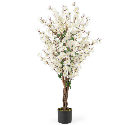 Faux Plum Blossom Plant with White Fabric Flower and Solid Wood Trunk-White