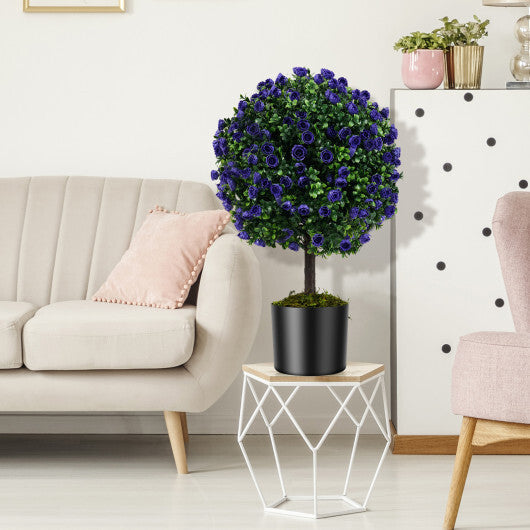 22 Inch Set of 2 Artificial Purple Rose Topiary Ball Trees with Cement-Filled Pot-Purple