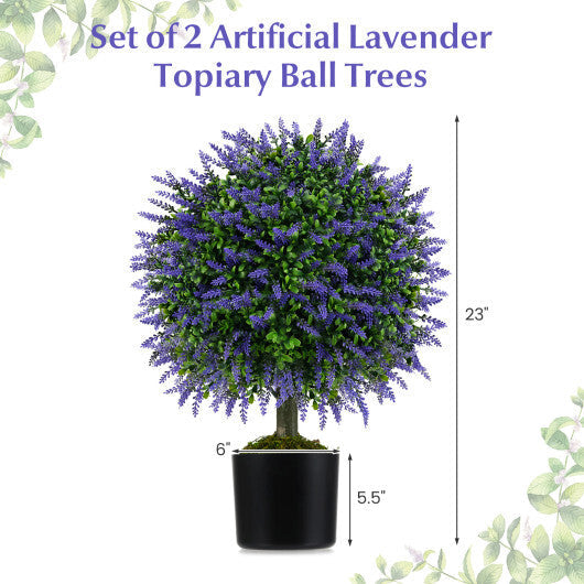 23 Inch Set of 2 Artificial Lavender Topiary Ball Trees with Cement-Filled Pot-Purple W2B