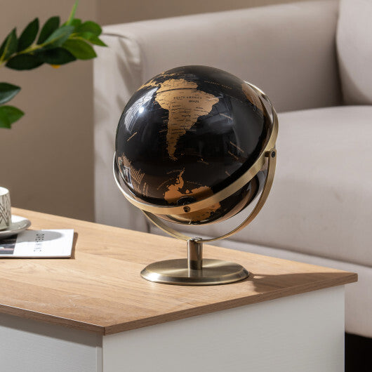 9-Inch Metallic Black World Globe with Metal Stand-Golden W2B