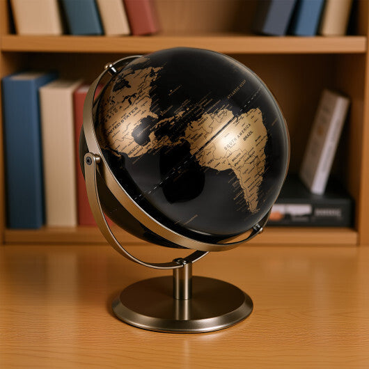 9-Inch Metallic Black World Globe with Metal Stand-Golden W2B