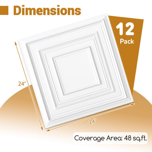 Drop Ceiling Tiles 24" x 24" PVC Ceiling Panels with 3D Decorative Patterns 12-Pack-White W2B