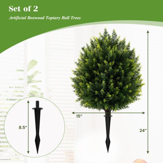 24 Inches Artificial Cypress Topiary Ball Tree Set with Ground Spike-Green W2B