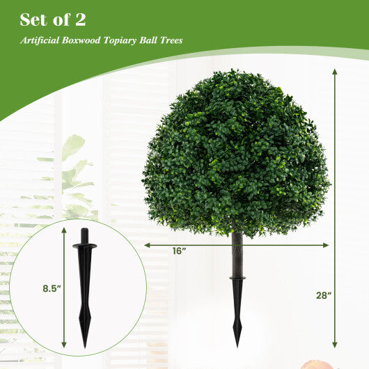 28 Inches Artificial Boxwood Topiary Ball Tree Set of 2 with Ground Spike-Green W2B
