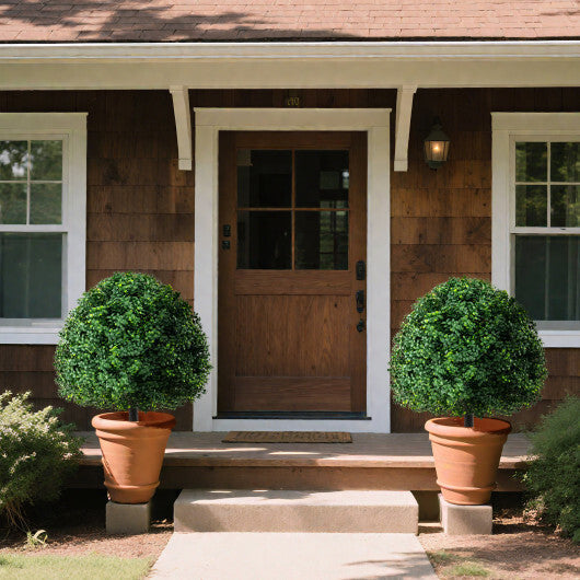 28 Inches Artificial Boxwood Topiary Ball Tree Set of 2 with Ground Spike-Green W2B