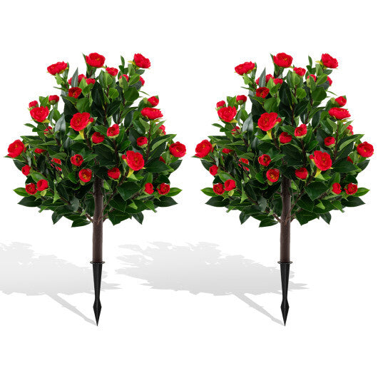 31 Inches Artificial Camellia Tree Set 2 Pack Fake Flower Trees-Green W2B