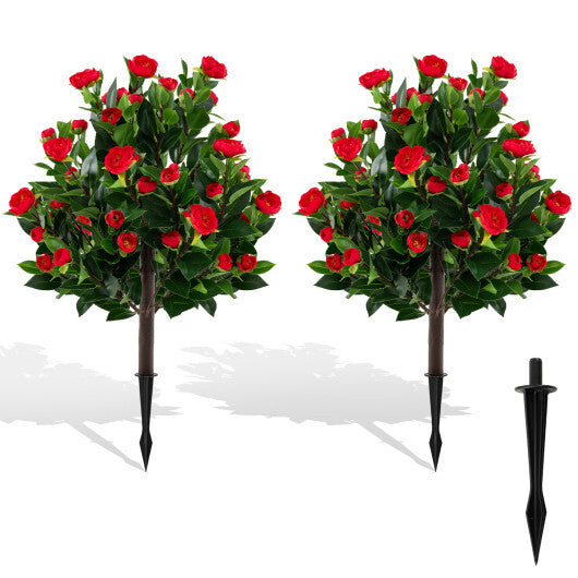 31 Inches Artificial Camellia Tree Set 2 Pack Fake Flower Trees-Green W2B