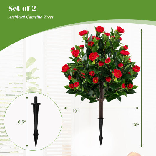 31 Inches Artificial Camellia Tree Set 2 Pack Fake Flower Trees-Green W2B