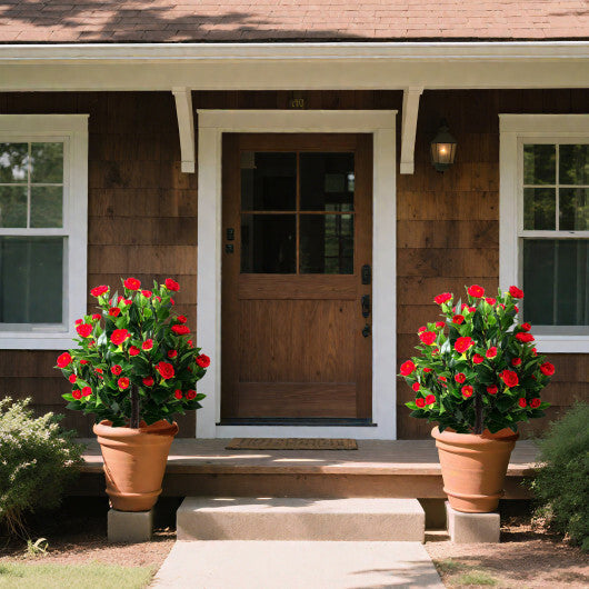 31 Inches Artificial Camellia Tree Set 2 Pack Fake Flower Trees-Green W2B