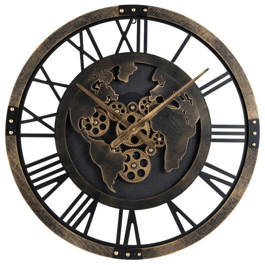 Large Wall Clock 27" Gear Clock with World Map-Brown W2B