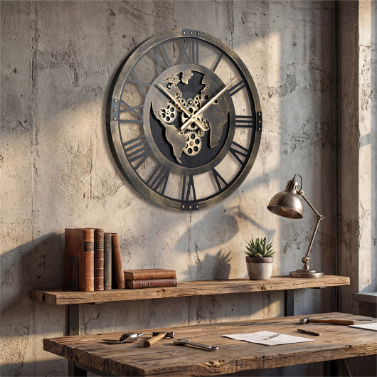 Large Wall Clock 27" Gear Clock with World Map-Brown W2B