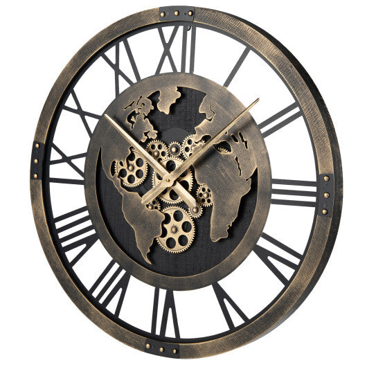 Large Wall Clock 27" Gear Clock with World Map-Brown W2B