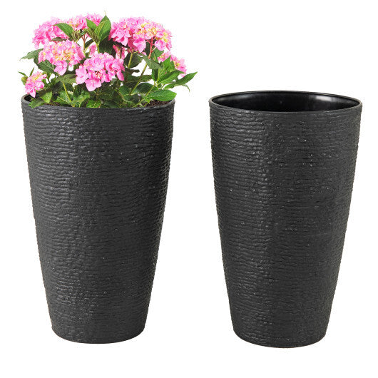 21 Inch Tall Round Plastic Planters Set of 2 Flower Pots with Drainage System-Black W2B