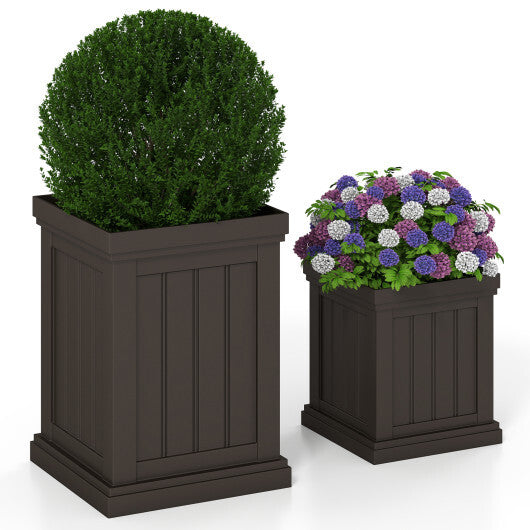 Square Plastic Planters Set of 2 Small Flower Pots with Drainage Holes and Nesting Design-Brown W2B