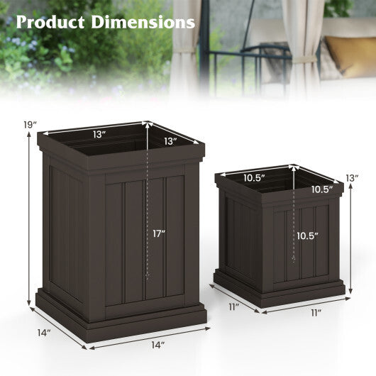 Square Plastic Planters Set of 2 Small Flower Pots with Drainage Holes and Nesting Design-Brown W2B