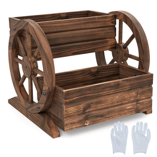 2-Tier Raised Garden Bed Rustic Wood Wagon Shape with Drainage Holes and Wheels-Coffee W2B