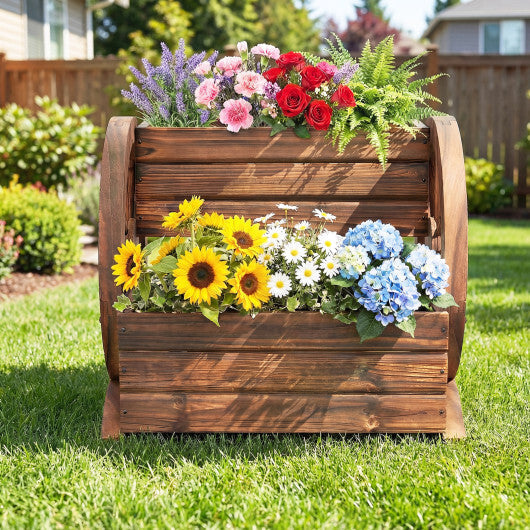 2-Tier Raised Garden Bed Rustic Wood Wagon Shape with Drainage Holes and Wheels-Coffee W2B