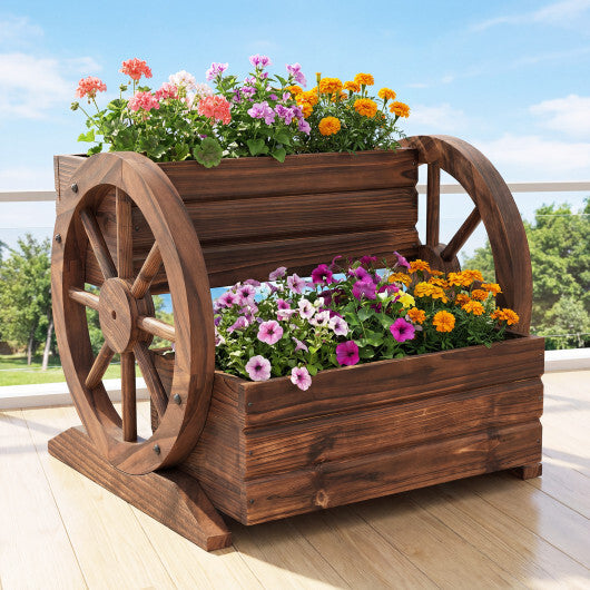 2-Tier Raised Garden Bed Rustic Wood Wagon Shape with Drainage Holes and Wheels-Coffee W2B