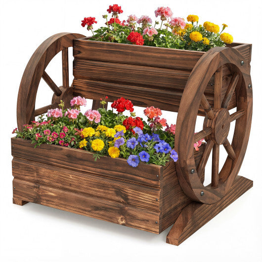 2-Tier Raised Garden Bed Rustic Wood Wagon Shape with Drainage Holes and Wheels-Coffee W2B