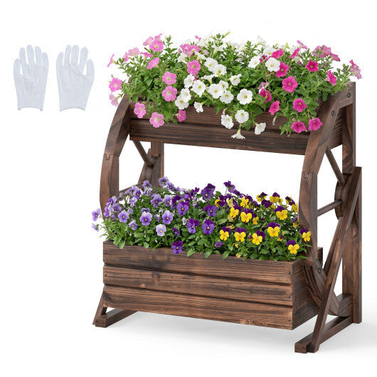 2-tier Raised Garden Bed Rustic Wood Wagon Planter with Drainage Holes and Semi-wheels-Coffee W2B