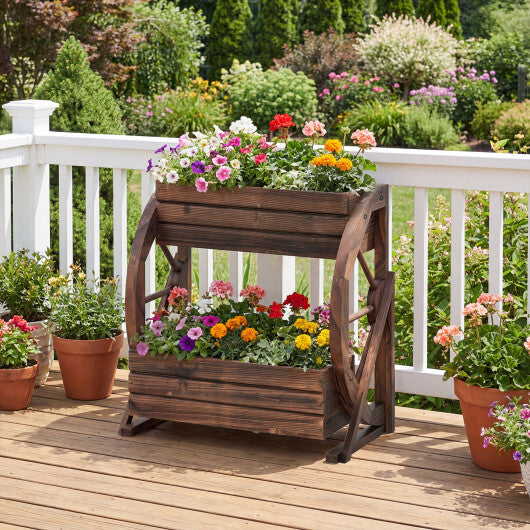 2-tier Raised Garden Bed Rustic Wood Wagon Planter with Drainage Holes and Semi-wheels-Coffee W2B
