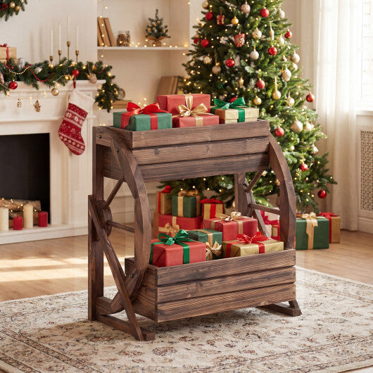 2-tier Raised Garden Bed Rustic Wood Wagon Planter with Drainage Holes and Semi-wheels-Coffee W2B