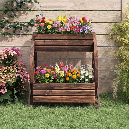 2-tier Raised Garden Bed Rustic Wood Wagon Planter with Drainage Holes and Semi-wheels-Coffee W2B