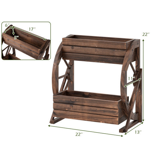 2-tier Raised Garden Bed Rustic Wood Wagon Planter with Drainage Holes and Semi-wheels-Coffee W2B