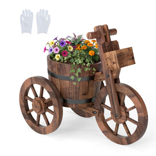 Rustic Wood Tricycle Planter with Wheels and Storage Box-Coffee W2B