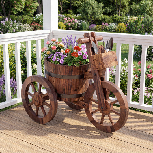 Rustic Wood Tricycle Planter with Wheels and Storage Box-Coffee W2B