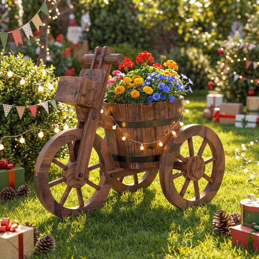 Rustic Wood Tricycle Planter with Wheels and Storage Box-Coffee W2B