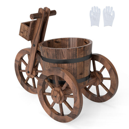 Rustic Wood Tricycle Planter with Wheels and Storage Box-Coffee W2B