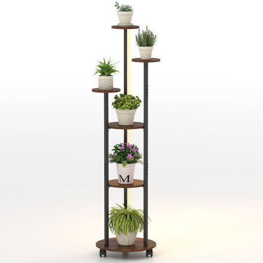 6-tier Plant Stand with RGB Light and Wheels 57inch Tall Indoor Display Shelf Flowerpot Holder-Rustic Brown