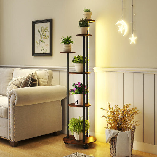 6-tier Plant Stand with RGB Light and Wheels 57inch Tall Indoor Display Shelf Flowerpot Holder-Rustic Brown
