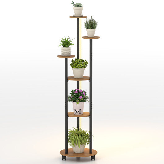 6-tier Plant Stand with RGB Light and Wheels 57inch Tall Indoor Display Shelf Flowerpot Holder-Rustic Brown