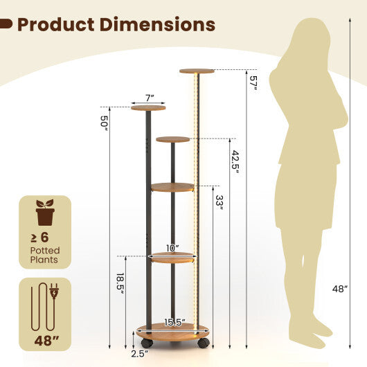 6-tier Plant Stand with RGB Light and Wheels 57inch Tall Indoor Display Shelf Flowerpot Holder-Rustic Brown