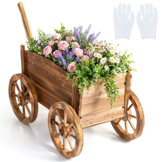 Rustic Rolling Flower Pot Stand with Wheels and Handle-Coffee W2B