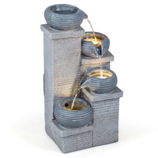 4-Tier Outdoor Water Fountain Cascading Bowl Waterfall Fountain with LED Lights W2B